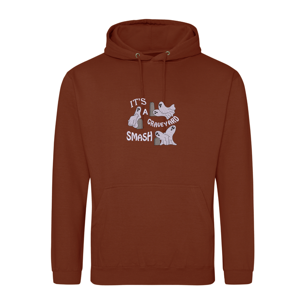 Graveyard Smash Halloween Hoodie with Custom Sleeve Initials – Embroidered Ghost Design