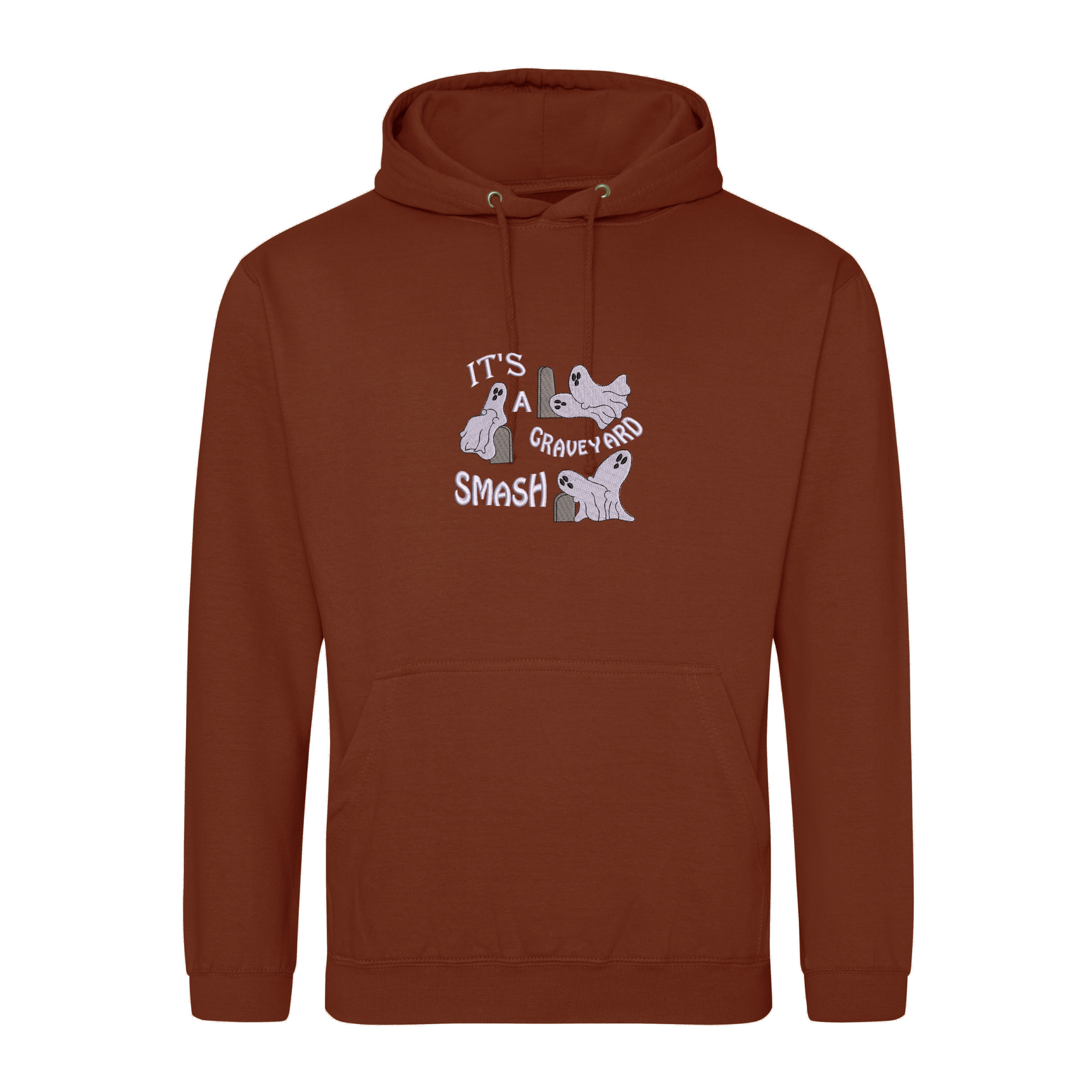 Graveyard Smash Halloween Hoodie with Custom Sleeve Initials – Embroidered Ghost Design
