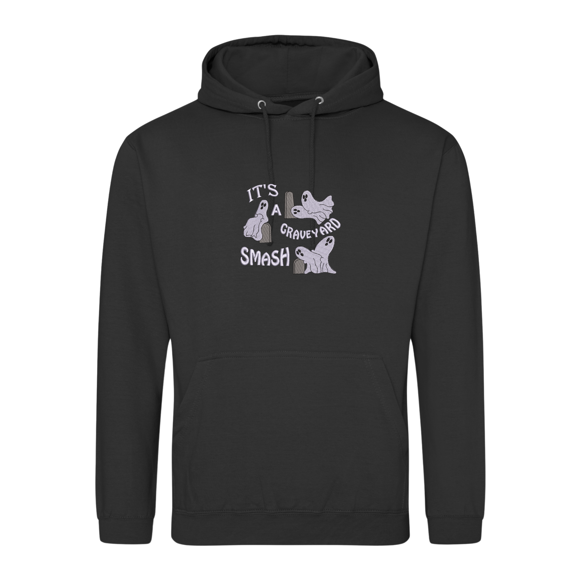 Graveyard Smash Halloween Hoodie with Custom Sleeve Initials – Embroidered Ghost Design