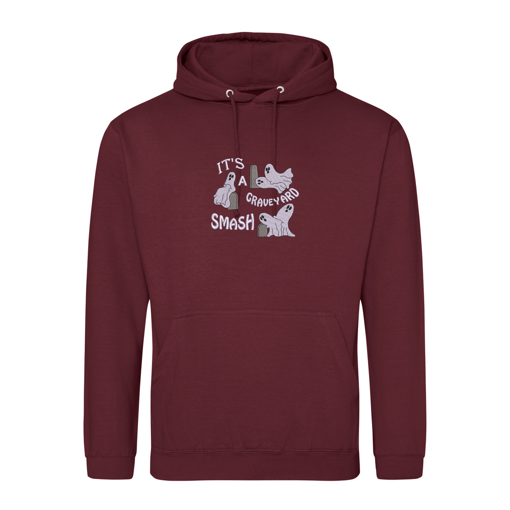 Graveyard Smash Halloween Hoodie with Custom Sleeve Initials – Embroidered Ghost Design