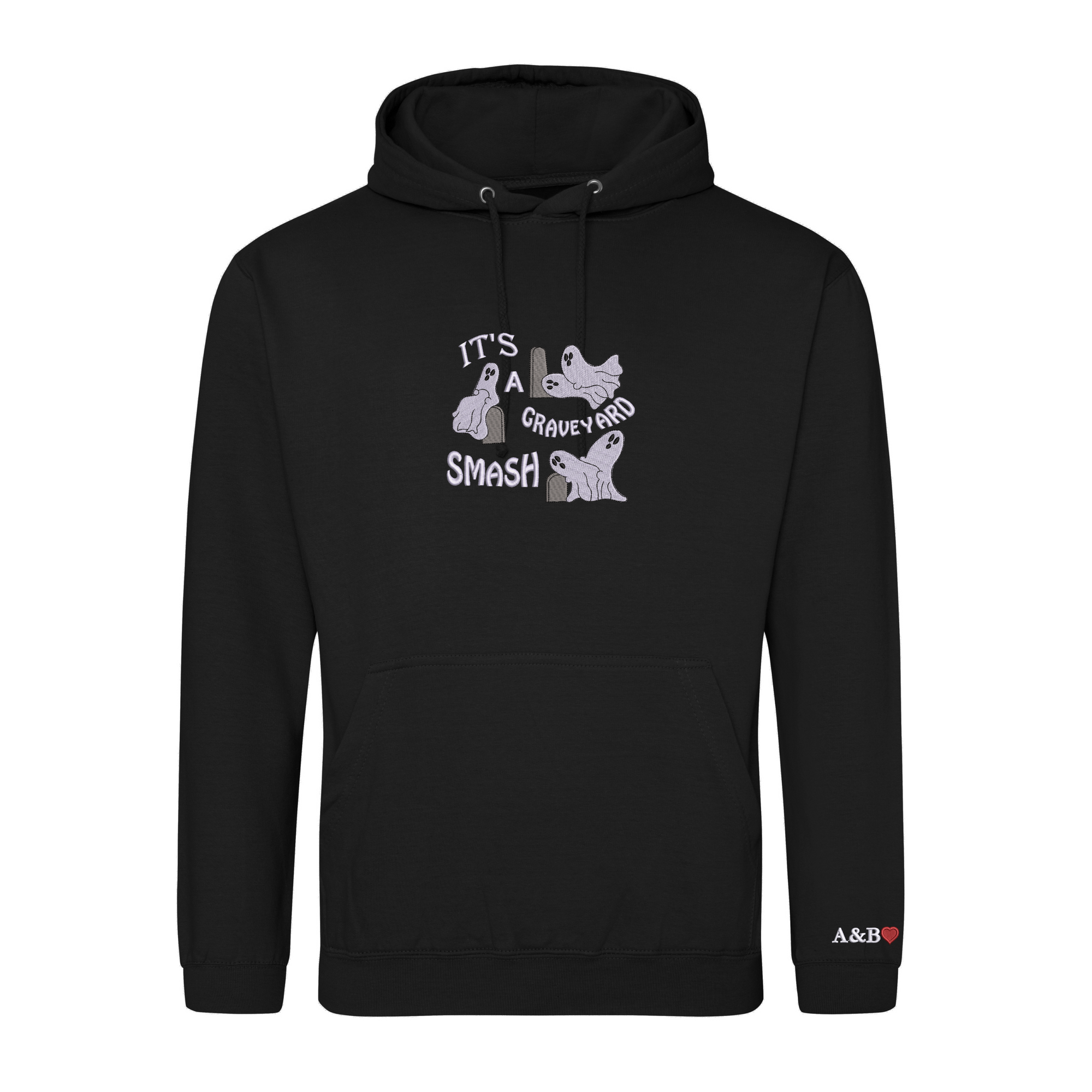 Graveyard Smash Halloween Hoodie with Custom Sleeve Initials – Embroidered Ghost Design