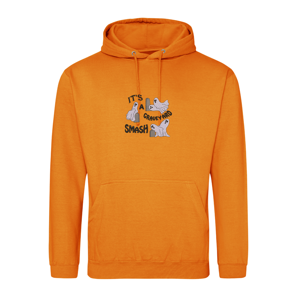 Graveyard Smash Halloween Hoodie with Custom Sleeve Initials – Embroidered Ghost Design