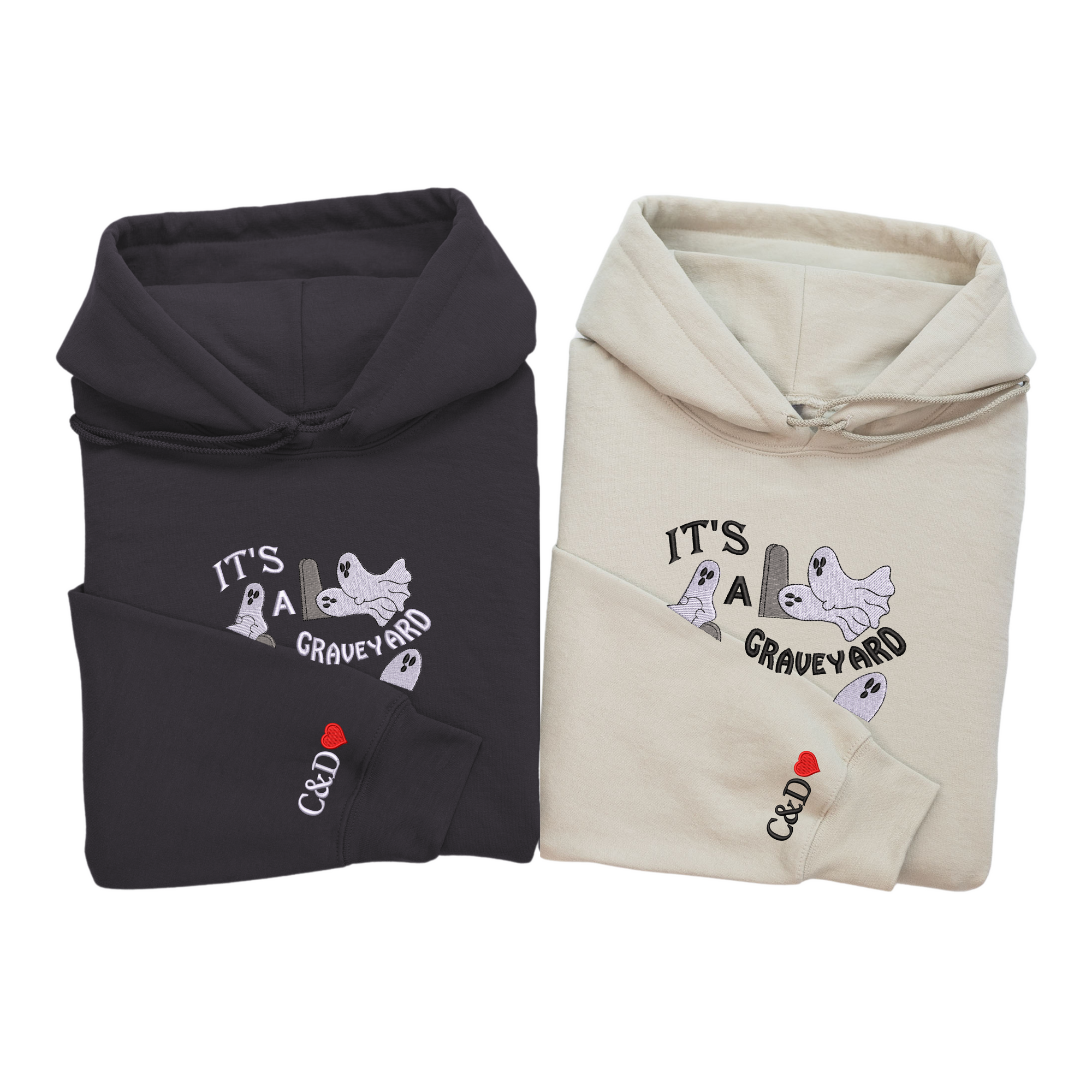 Graveyard Smash Halloween Hoodie with Custom Sleeve Initials – Embroidered Ghost Design